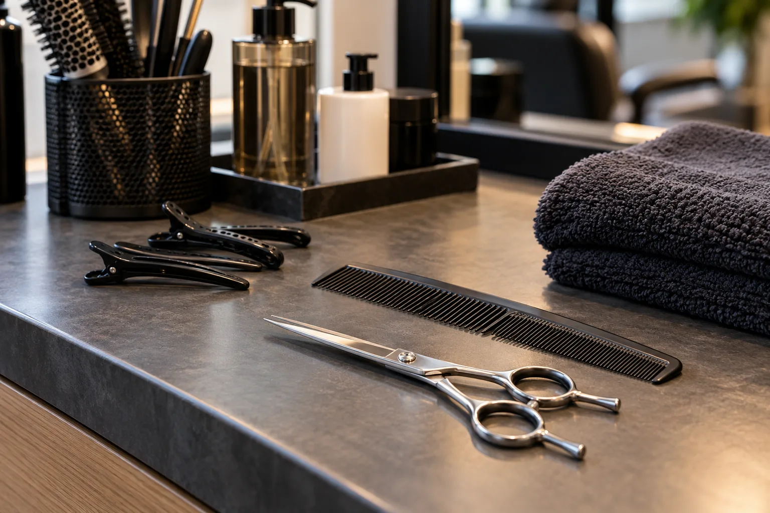 Friseurwerkzeuge auf einer gepflegten Arbeitsfläche